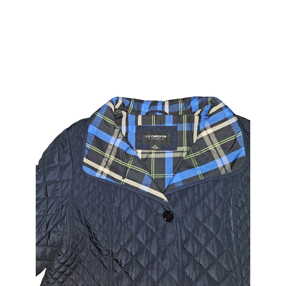 Liz Claiborne Women's Navy Blue Quilted Jacket Plaid Trim Button Front Coat XL - Picture 3 of 13